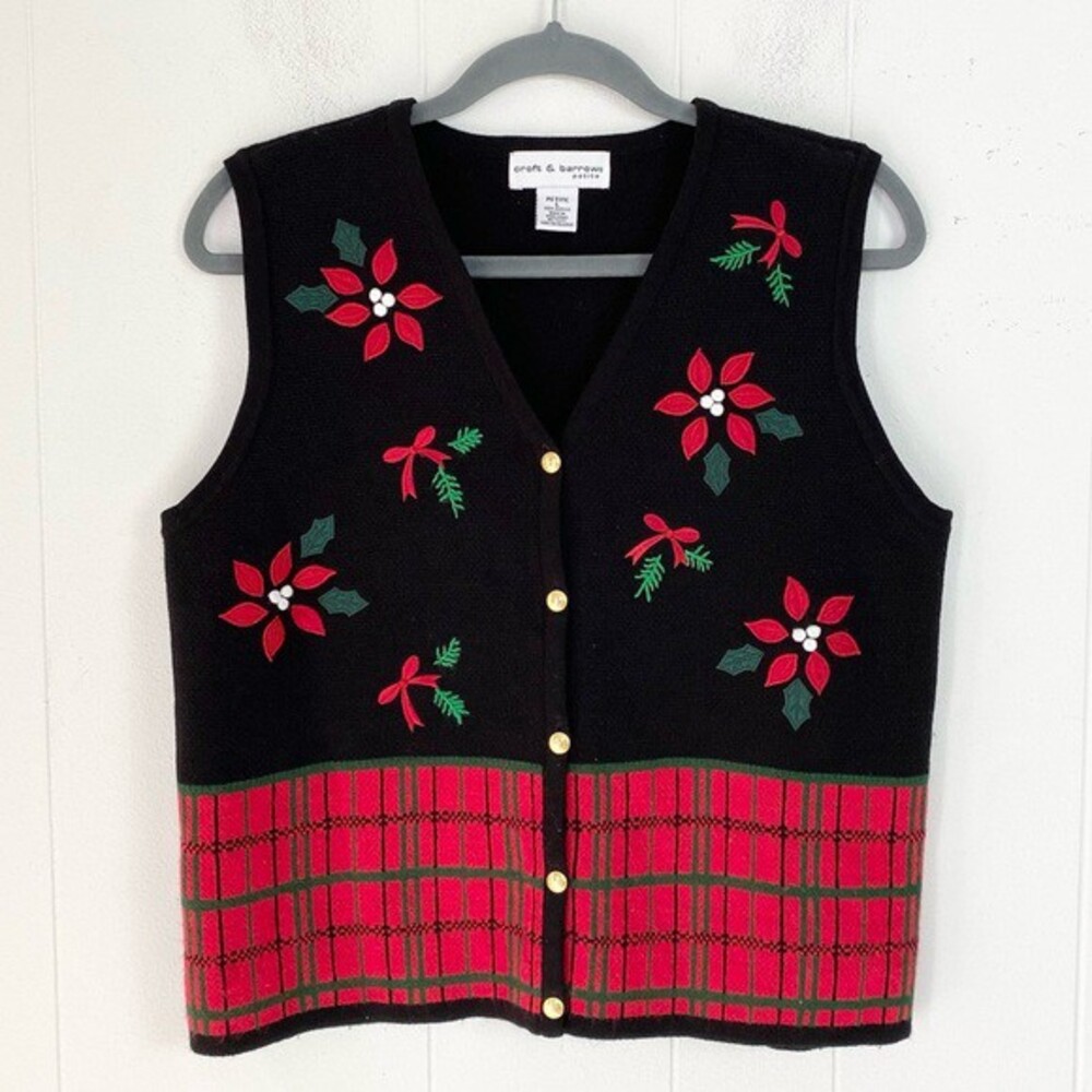 Vtg Croft & Barrow Women's Christmas Vest Size Petite L Embroidered Poinsettia